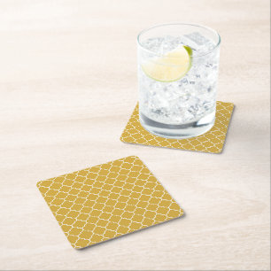 Gold Quatrefoil Pattern Square Paper Coaster