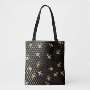 Gold Queen Bees and Honeycomb on Black Tote Bag