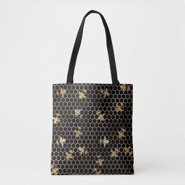Gold Queen Bees and Honeycomb on Black Tote Bag (Front)