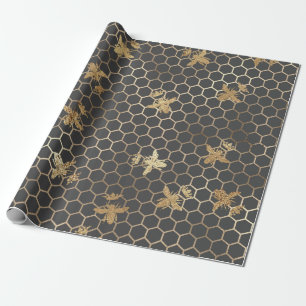 Gold Queen Bees and Honeycomb on Grey Wrapping Paper