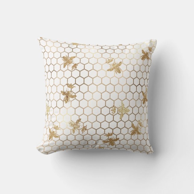 Gold Queen Bees and Honeycomb on White Cushion (Front)