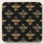 Gold Queen Bees on Black Coaster<br><div class="desc">These gold queen honey bees with crowns are on a black background. Make sure to check out the matching throw pillows!</div>