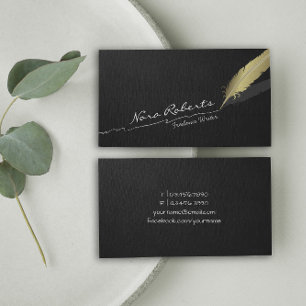 Gold Quill Feather Pen Hand drawn Line Black Linen Business Card