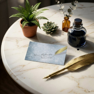 Gold Quill Feather Pen Handdrawn Line Blue Grunge Business Card