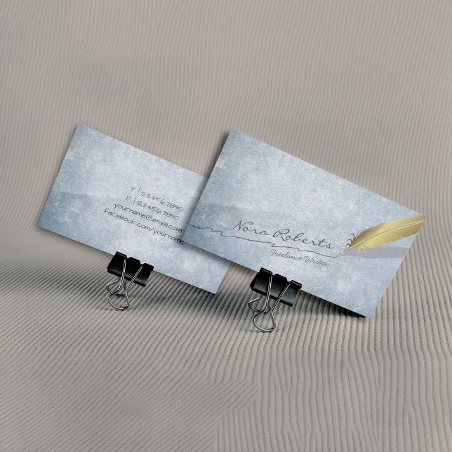 Gold Quill Feather Pen Handdrawn Line Blue Grunge Business Card (Creator Uploaded)
