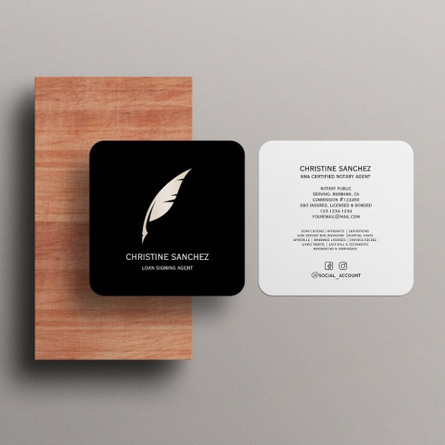 Gold Quill Pen MOBILE NOTARY SINGNING AGENT BLACK Square Business Card (Creator Uploaded)
