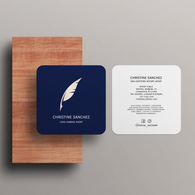 Gold Quill Pen MOBILE NOTARY SINGNING AGENT Blue Square Business Card (Creator Uploaded)