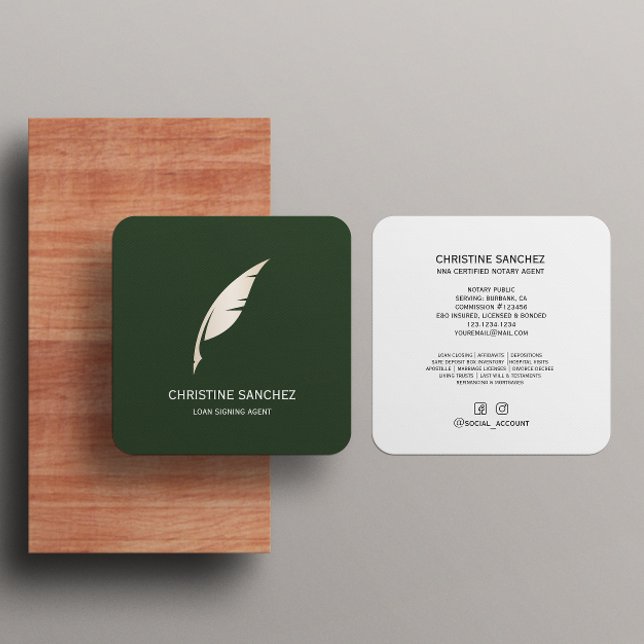 Gold Quill Pen MOBILE NOTARY SINGNING AGENT Green Square Business Card (Creator Uploaded)