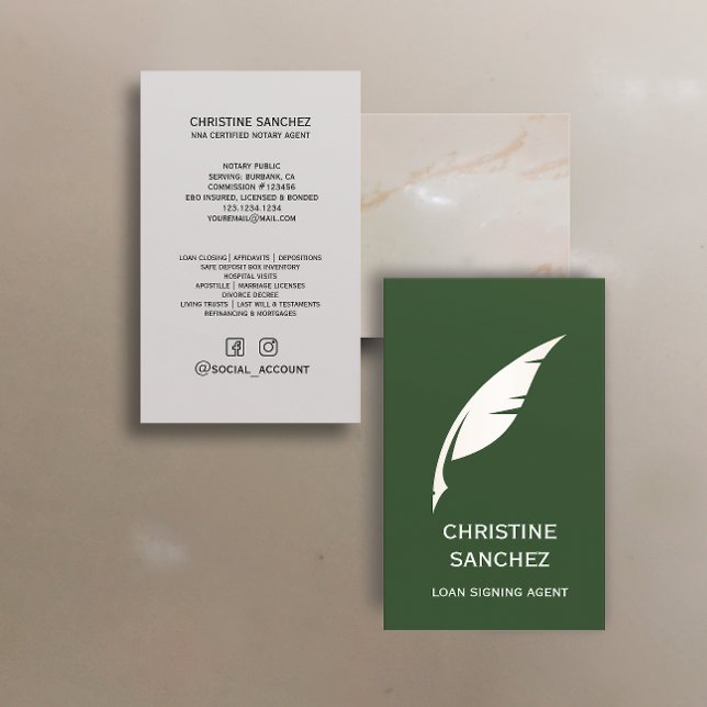 Gold Quill Pen PUBLIC NOTARY SINGNING AGENT Green Business Card (Creator Uploaded)