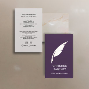 Gold Quill Pen PUBLIC NOTARY SINGNING AGENT Purple Business Card