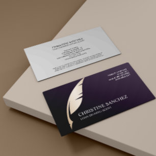 Gold Quill Pen Purple PUBLIC NOTARY SINGNING AGENT Business Card