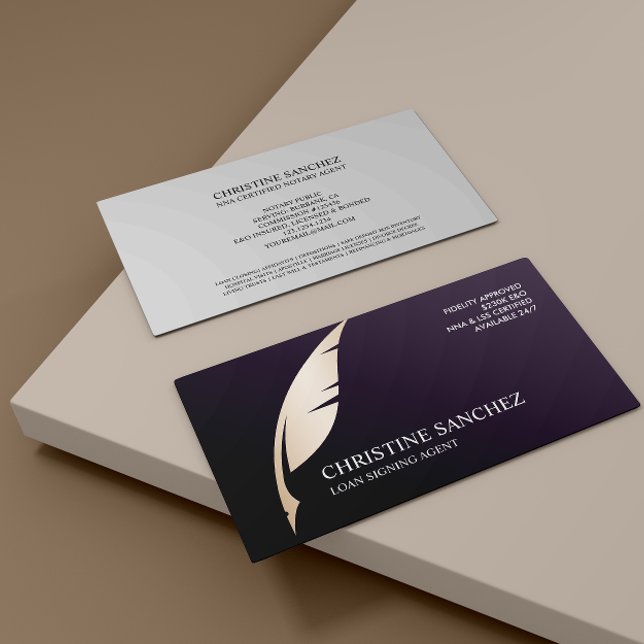Gold Quill Pen Purple PUBLIC NOTARY SINGNING AGENT Business Card (Creator Uploaded)