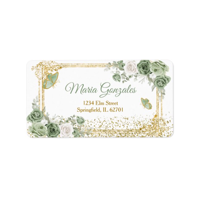 Gold Quinceañera Sage Green Crown Address Label (Front)