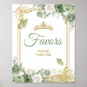 Gold Quinceañera Sage Green Crown Butterfly Favour Poster