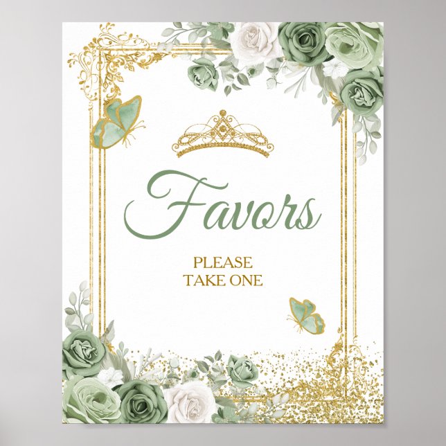 Gold Quinceañera Sage Green Crown Butterfly Favour Poster (Front)
