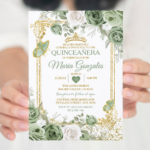Gold Quinceañera Sage Green Crown Butterfly Invitation