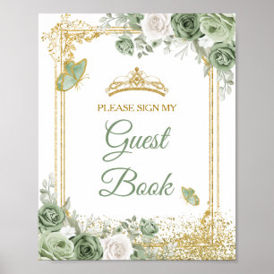 Gold Quinceañera Sage Green Crown Guest Book
