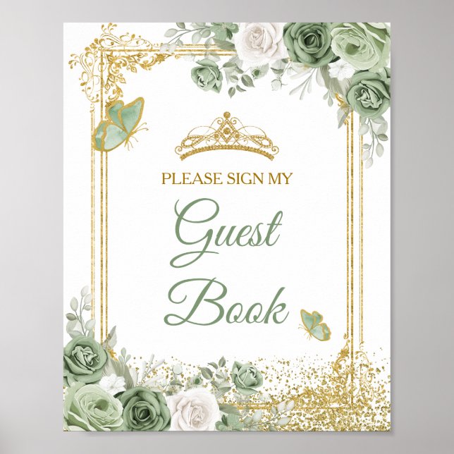 Gold Quinceañera Sage Green Crown Guest Book (Front)