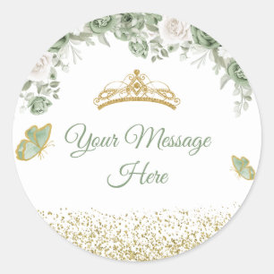 Gold Quinceañera Sage Green Crown Your Message Classic Round Sticker