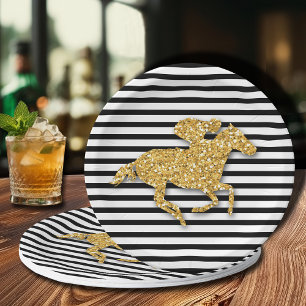 Gold Race Horse on Black and White Stripes Paper Plate