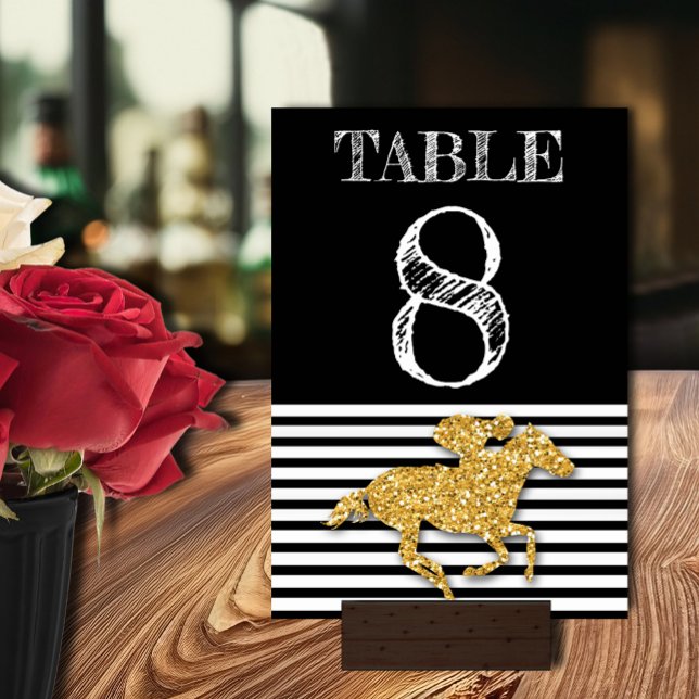 Gold Race Horse on Black & White Stripes Birthday Table Number (Gold racehorse and jockey Derby party table number cards double-sided)