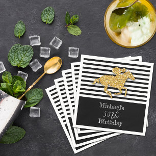 Gold Racehorse Black White Stripes Birthday Napkin