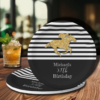 Gold Racehorse Black White Stripes Birthday Paper Plate