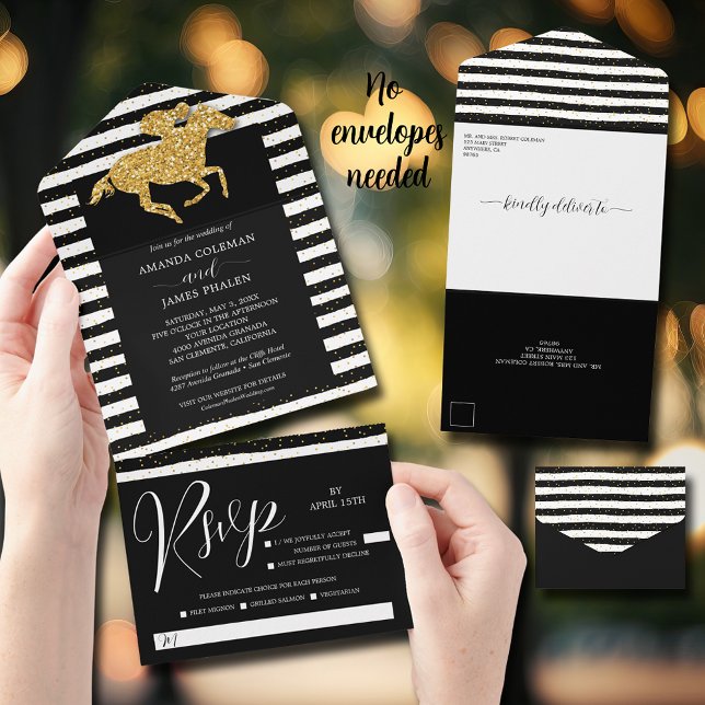 Gold Racehorse Black White Stripes Wedding All In One Invitation (Gold racehorse black and white stripes all in one wedding invitations)