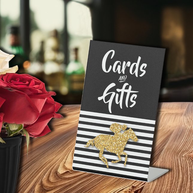 Gold Racehorse Bridal Shower Cards and Gifts Pedestal Sign (Gold racehorse Derby-theme bridal shower CARDS & GIFTS tabletop pedestal sign)