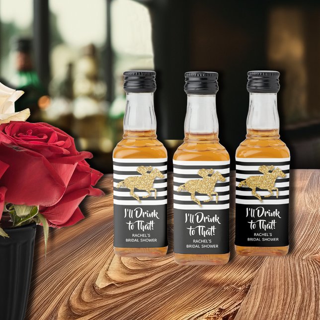 Gold Racehorse Bridal Shower Mini Liquor Bottle Label (Gold racehorse Derby-themed bridal shower mini liquor bottle personalized labels)