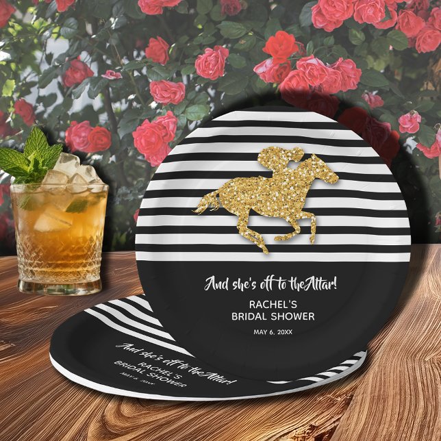 Gold Racehorse Bridal Shower Paper Plate (Off to the Altar! Gold racehorse on black and white stripes Derby-themed bridal shower paper plates)
