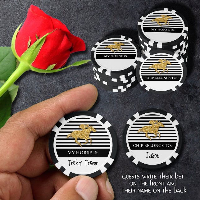 Gold Racehorse Derby Day Poker Chips (Guests can write their bet 
on the front and their name on the back of these poker chips)