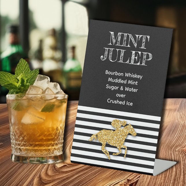 Gold Racehorse Mint Julep Pedestal Sign (Gold racehorse on black and white stripes mint julep pedestal sign)