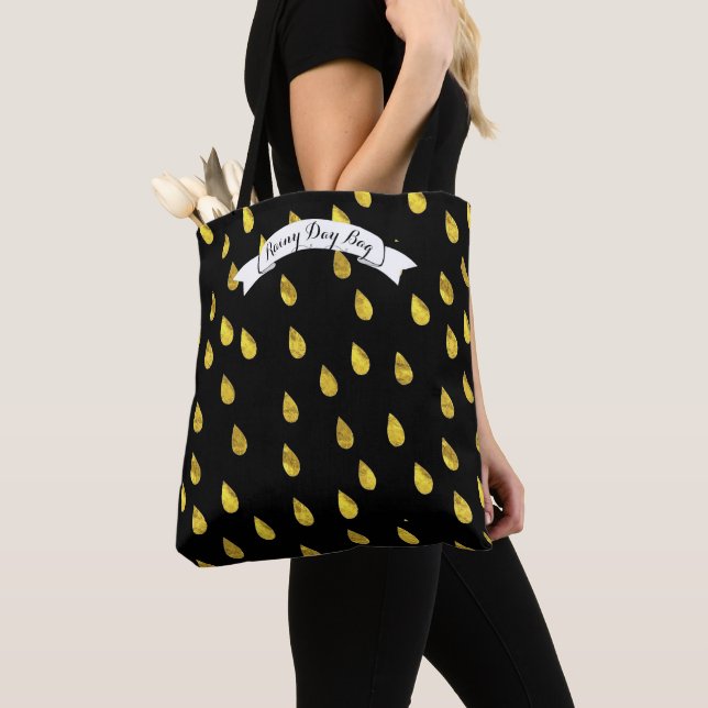 Gold Raindrop Rainy Day Pattern Tote Bag (Close Up)