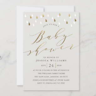 Gold raindrops snd script baby shower invite grey