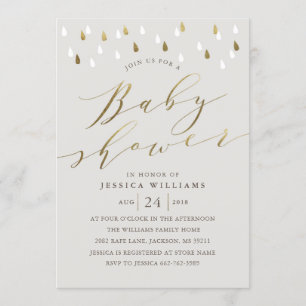 Gold raindrops snd script baby shower invite grey