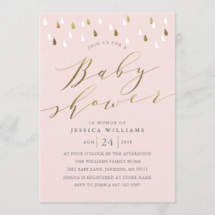 Gold raindrops snd script baby shower invite pink