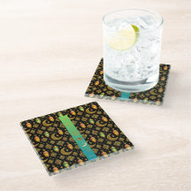Gold Ramadan Lanterns Teal Black Glass Coaster
