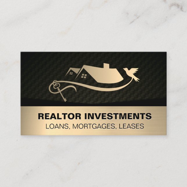 Gold Real Estate and Key Logo Business Card (Front)