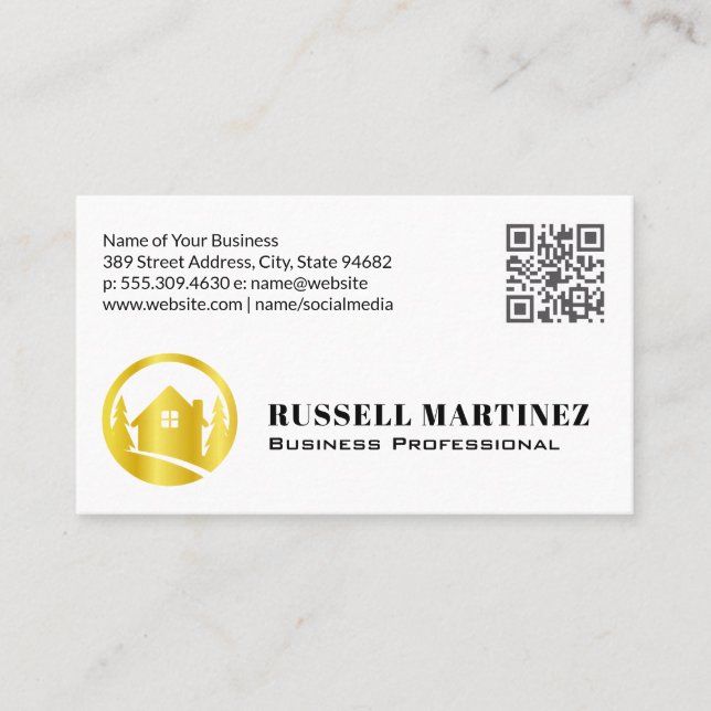 Gold Real Estate Trees Logo | QR Code Business Card (Front)