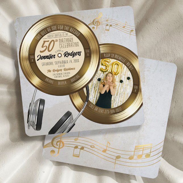 Gold Record Retro Photo 50th Birthday Invitation (Retro square 'solid gold' and black vinyl record music theme photo 50th birthday party invitation)