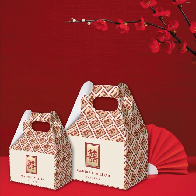Gold Rectangle Double Happiness Chinese Wedding Fa Favour Box (Gold/Red Classic Rectangle 2 Double Happiness Chinese Wedding Party Favor Boxes @ fatfatin_red_knot)