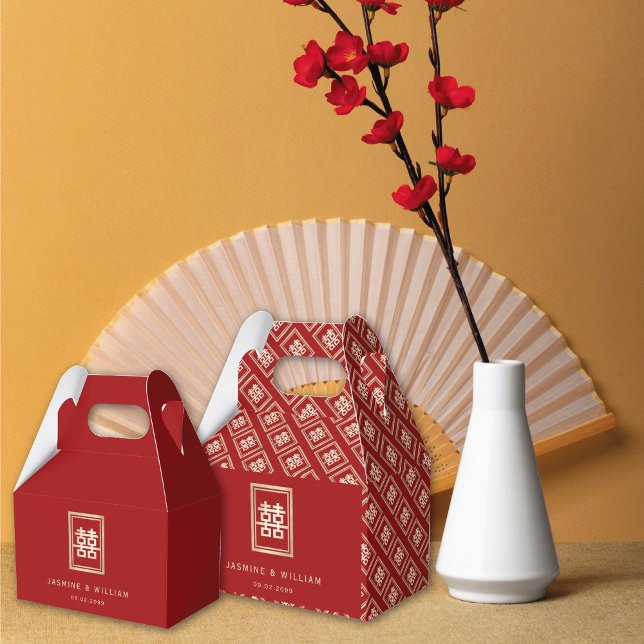 Gold Rectangle Double Happiness Chinese Wedding Favour Box (Red/Gold Classic Rectangle, Double Happiness Chinese Wedding Party Favor Boxes @ fatfatin_red_knot)