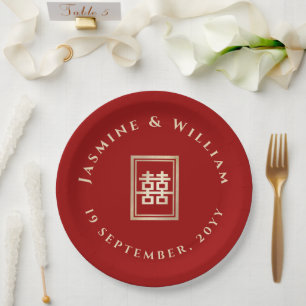 Gold Rectangle Double Happiness Chinese Wedding Paper Plate