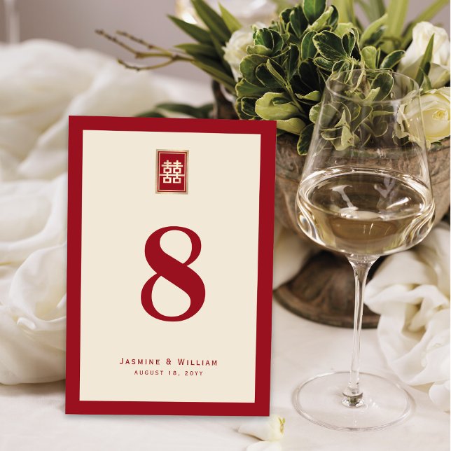Gold Rectangle Double Happiness Chinese Wedding Table Number (Creator Uploaded)