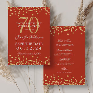 Gold Red 70th Birthday Save the Date Details Invitation