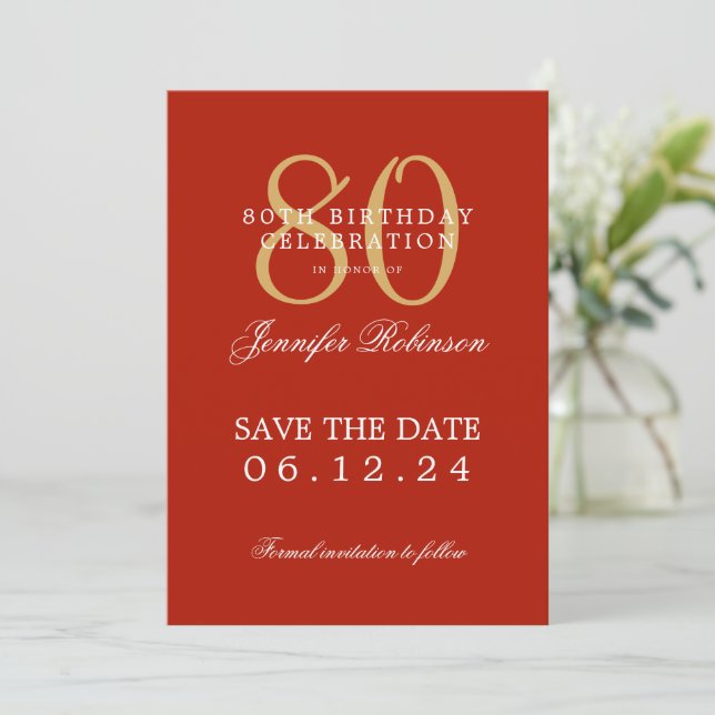 Gold Red 80th Birthday Save the Date  Invitation (Standing Front)