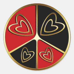 GOLD, RED AND BLACK PEACE HEARTS CLASSIC ROUND STICKER