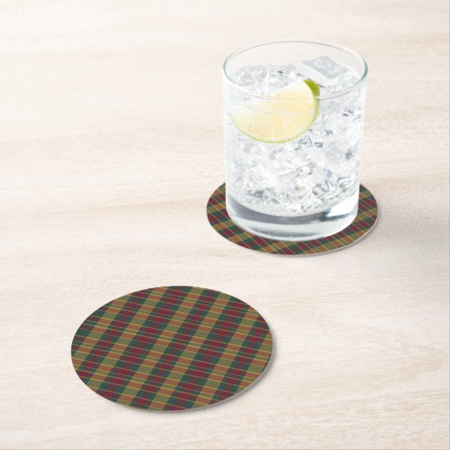 Gold Red And Green Christmas Plaid Print Round Paper Coaster (Insitu)