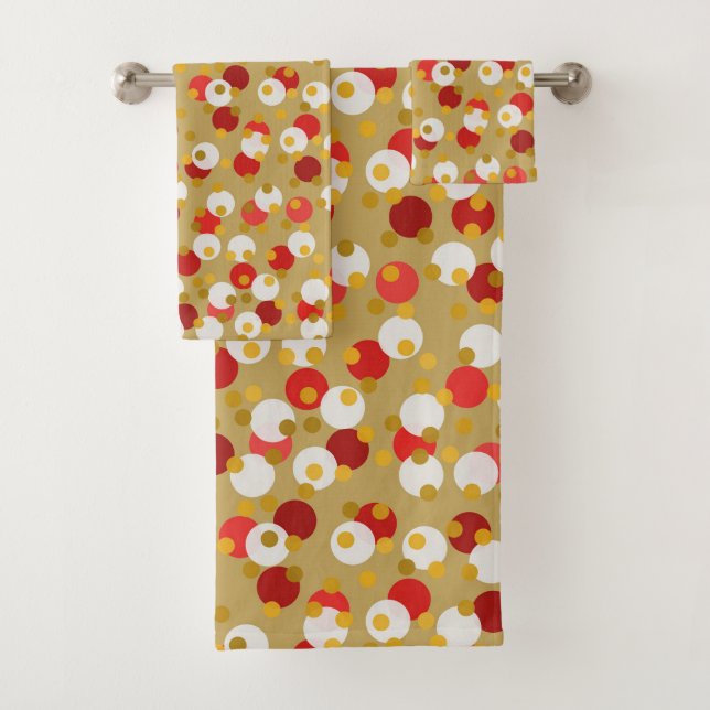 gold, red and white dots bath towel set (Insitu)